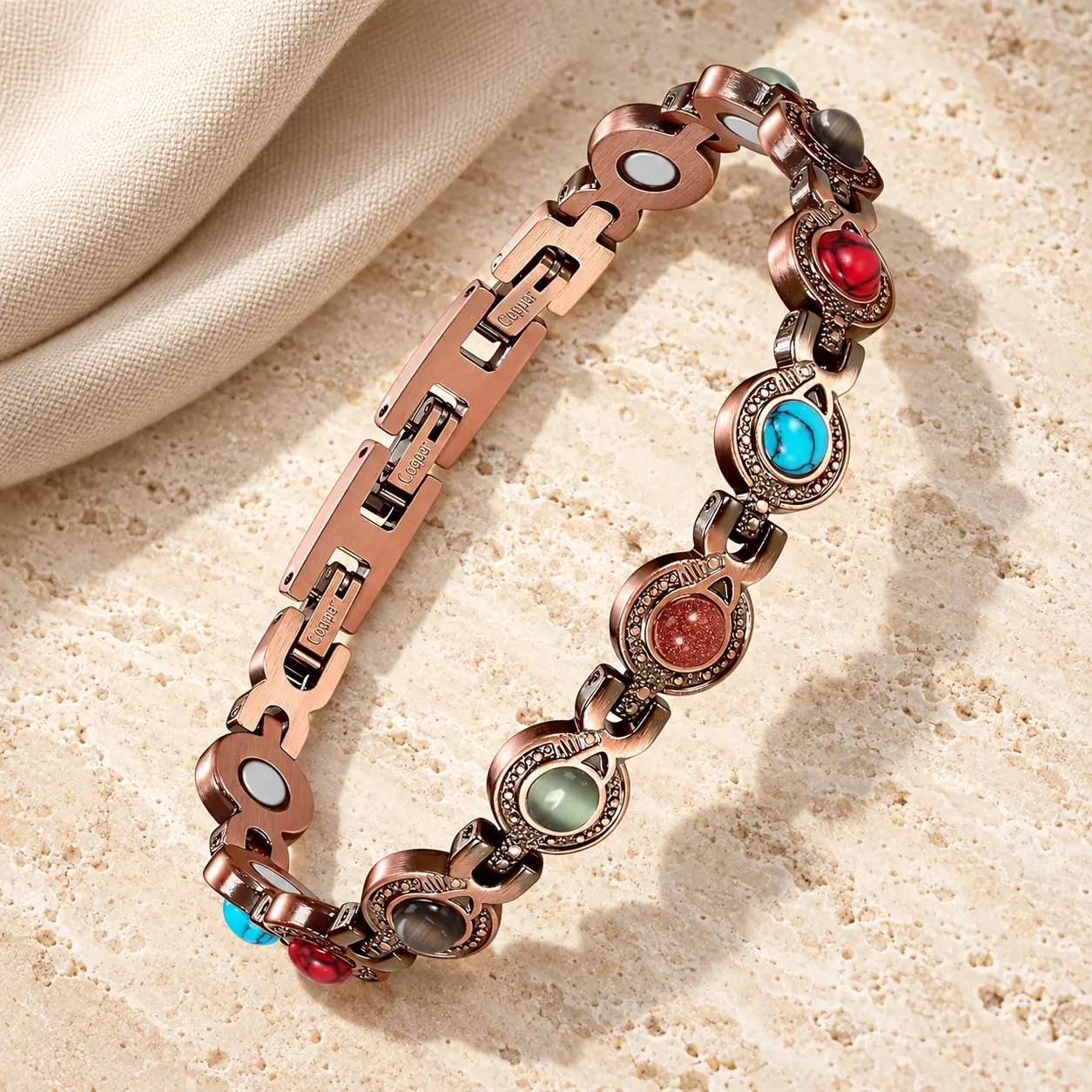 Women's Vintage Link Phone Charm Bracelet - Rose Copper-Tone, Multicolor Stone, Adjustable Boho Design, Sizing Tool Included, Gift Box