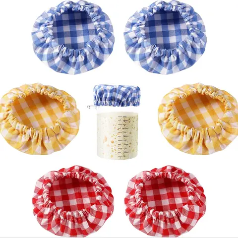 Reusable Fabric Jar Lids Set of 6, Plaid Pattern, Fits 3-4 Inch Jars, Ideal for Kitchen Fermentation Bowls and Bread Dough Proofing Baskets, Food