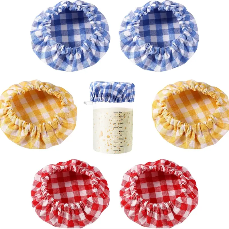 Reusable Fabric Jar Lids Set of 6, Plaid Pattern, Fits 3-4 Inch Jars, Ideal for Kitchen Fermentation Bowls and Bread Dough Proofing Baskets, Food
