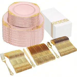 300PCS Pink And Gold Plastic Plates Pink Disposable Dinnerware Sets For 50 Guests 100 Plates 50 Knives 50 Forks 50 Spoons And 50 Napkins For Wedding Anniversary And Party
