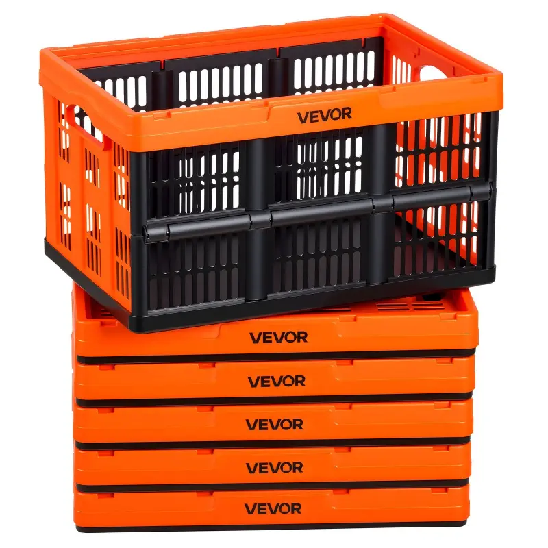VEVOR 6-Pack Plastic Collapsible Storage Boxes, 45L Lightweight Stackable Folding Crates with Handles, 33 lbs Capacity Per Bin, Heavy-Duty Organiser Containers for Household Use