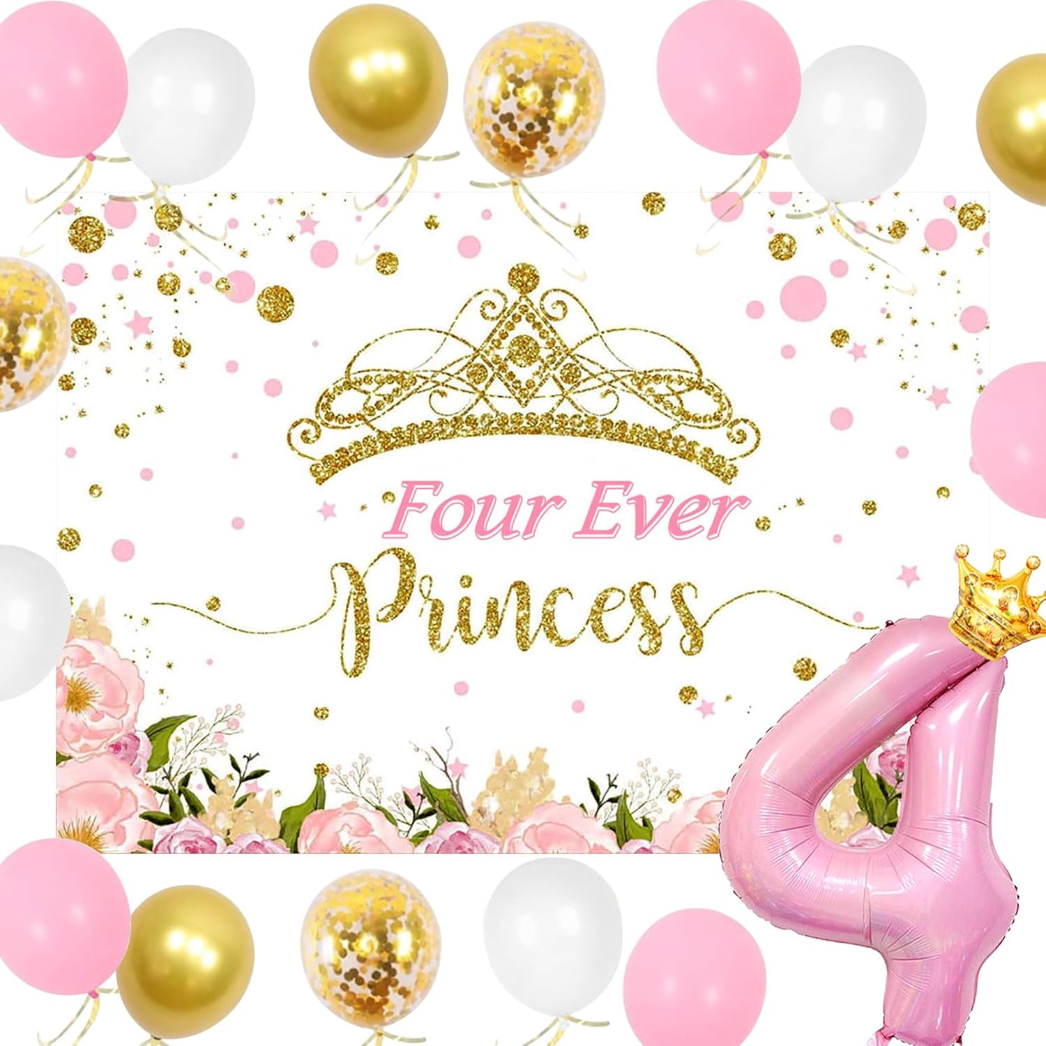 LaVenty Four Ever a Princess Birthday Decorations Pink Gold Princess Castles Balloon Garland Crown Number 4 Foil Balloons Banner for 4 Years Old Birthday Party Decor Supplies