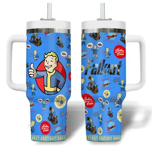 Fall0ut Vault Boy Inspired 40oz Handle Tumbler – Retro RPG Game Art Stainless Steel Cup, Blue Cartoon Pattern, Gamer Gift Travel Mug