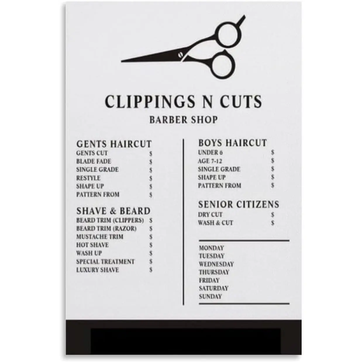 Men's Barbers Price List Poster Hair Salon Wall Art Canvas Print Aesthetic Decor Bedroom Bathroom Preppy Dorm Home Posters Garage Decor 08x12inch(20x30cm) Unframe-style