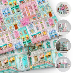 1pc Colorful House Print Polyester Fabric, Pre-Cut Patchwork Fabric for DIY Craft Projects, Wallet Bag Making, Sewing&Quilting, Home Decoration, Doll Accessories, 100% Polyester, 50x145cm/19.68x57inch