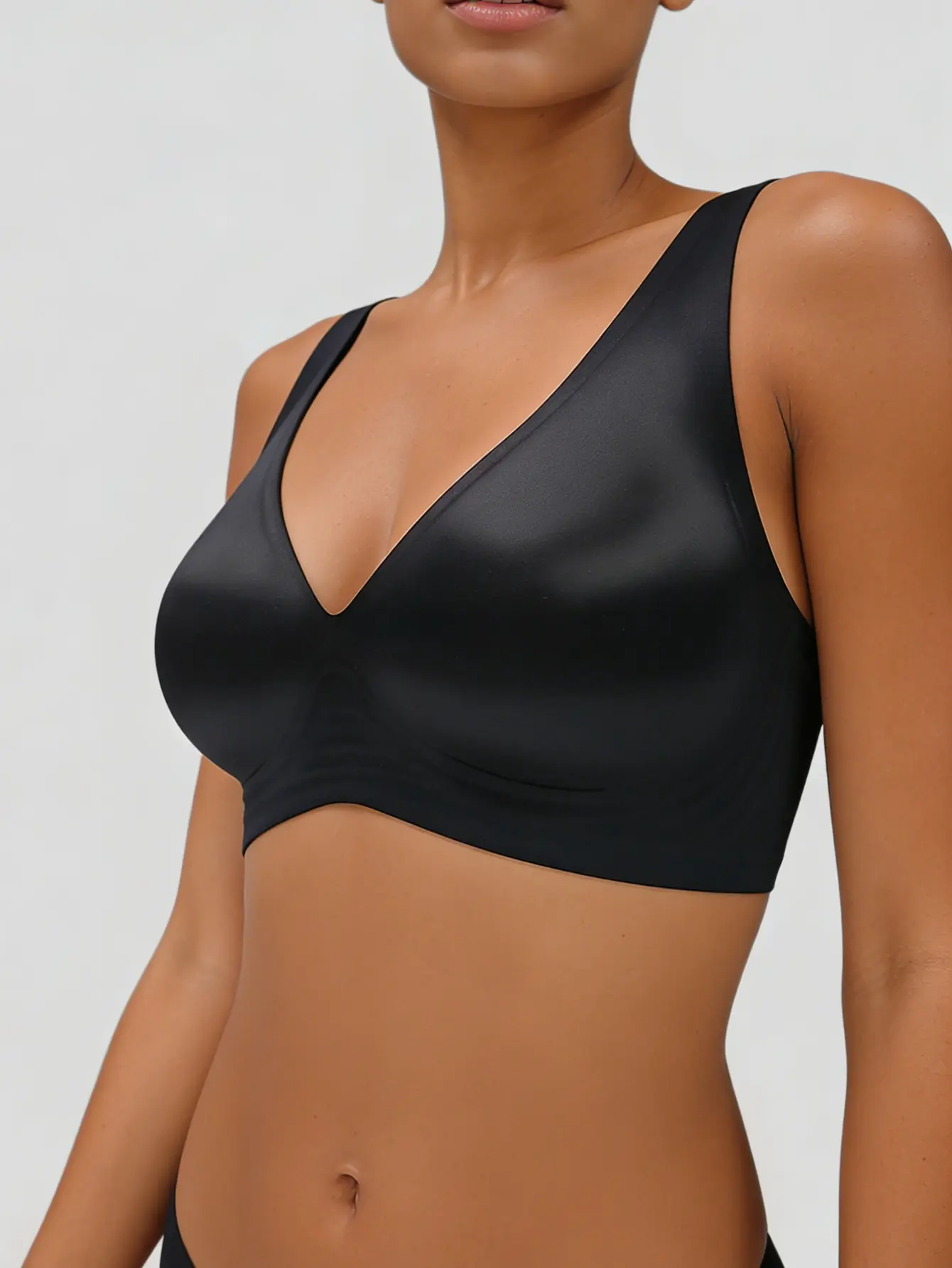 EssElegance Women's Shiny Black Seamless Wireless Bra Satin Texture Deep V-Neck Plunge Molded Cups Padded Invisible T-Shirt Bralette Smoothing Side Panels Adjustable Straps Back Closure Everyday Comfort Zero Feel Daily Support Lingerie Tops