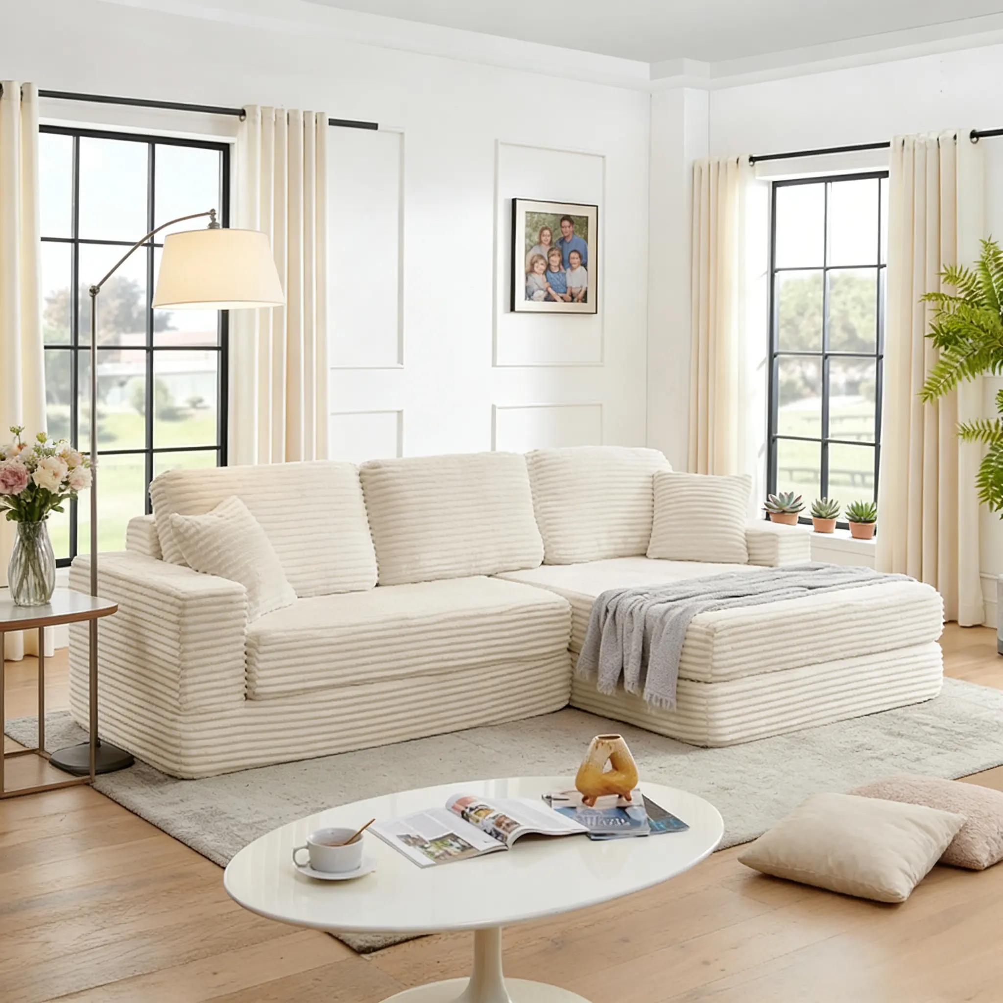 Niccae L-Shape Convertible Sofa Bed - Comfy Corduroy Modern Divideable 2-Piece Dual-Function Sofa Set, Space-Saving Minimalist Living Room Couch, 2-Package Delivery, Divideable Sofa Sets