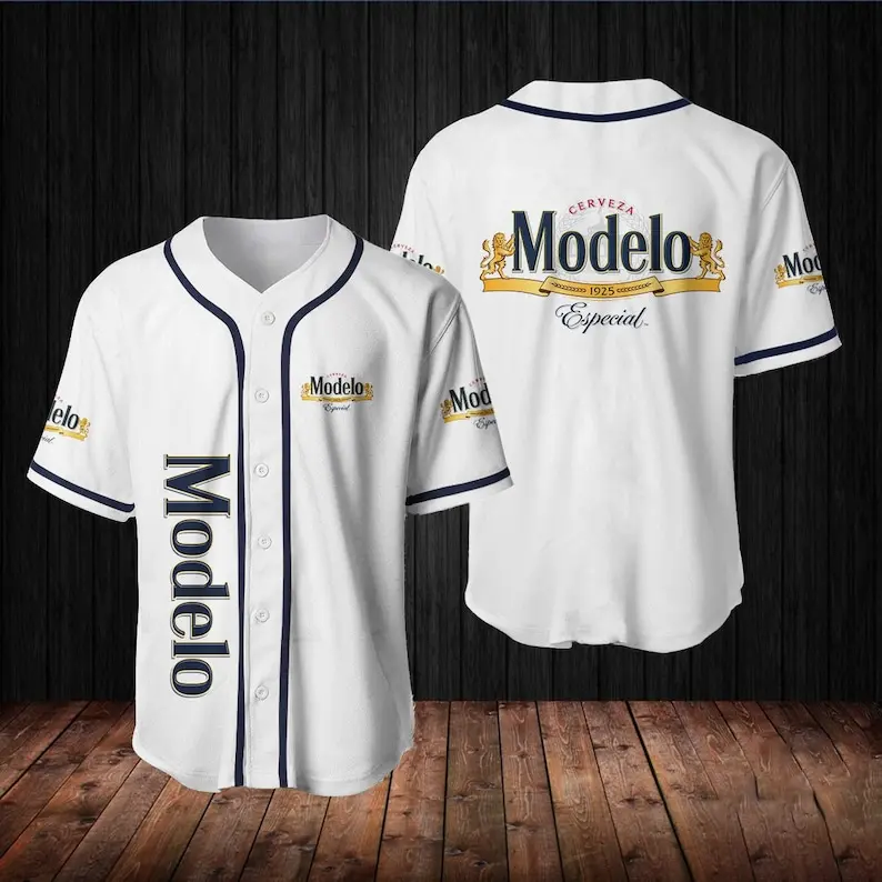 White Modelo Especial Baseball Jersey, Modelo Jersey Shirt, Modelo Baseball Shirt, Baseball Jersey Shirt