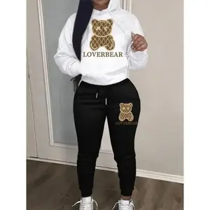 Cartoon Bear Print Two-piece Set, Drawstring Long Sleeve Hoodies & Workout Jogger Pants Outfits, Women's Clothing