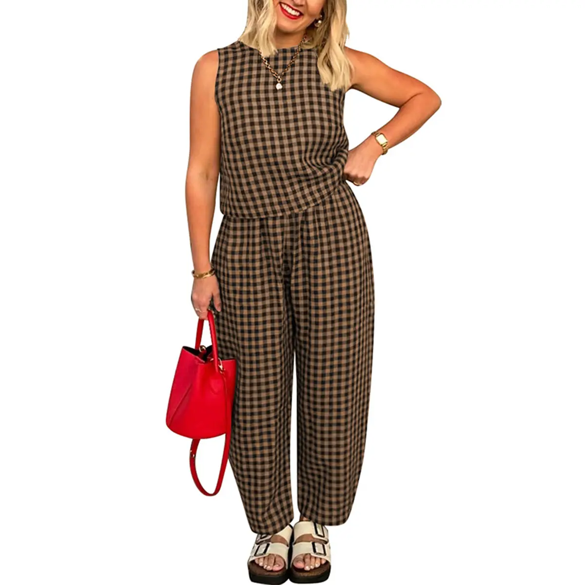 Women Plaid 2 Piece Lounge Pants Set Sleeveless Tank Top and Wide Leg Barrel Pants Suit Casual Chic