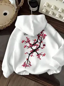 Women's Sakura Floral Print Hoodie, Casual Loose Fit Pocket Top, Fashion Outdoor Daily Wear, Street Style Spring Fall Soft New Year Party Hooded Jacket