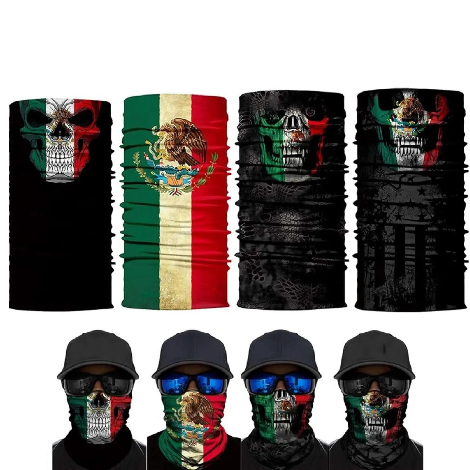 4-Pack Skull Neck Gaiter, Seamless Polyester Microfiber Face Mask for Men Women, 3D Mexico Flag Print Headwear with UV Protection, Breathable, Neck Gaiter Mask, Adults, Quick Dry, 3D Skull Print, 3D Visual Effect