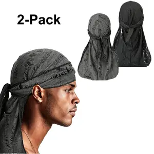 Men's 2-Pack Hip-Hop Durags, Fashion Elastic Headwraps with Ripped Feather-Style Long Tails, Pirate Bandanas for Sports & Outdoor Activities