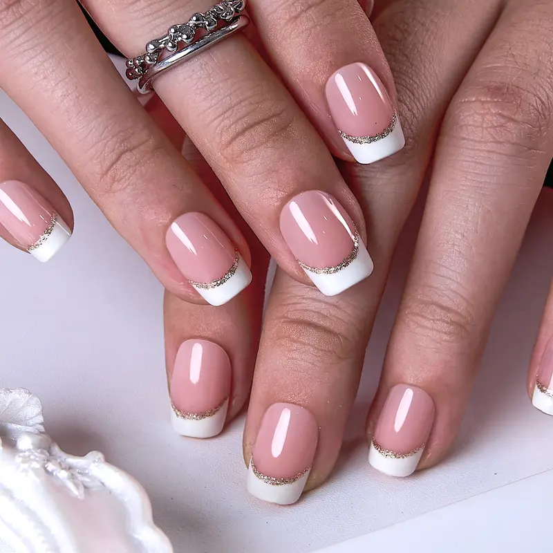 CurvLife Pure Grace Press-On Nails – 30PCS Short Square French Tip Nude Pink Nails with White Edge & Subtle Glitter Line, Elegant Everyday Look, Reusable & Easy to Apply, Perfect for Office, Wedding & Minimalist Style