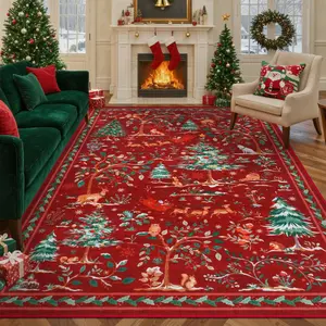 Vintage Christmas Tree Reindeer Print Rug, Large Area Carpet for Living Room Bedroom Sofa, Washable Non-Slip Plush Mat, Holiday Decor, Vintage Printed Rugs