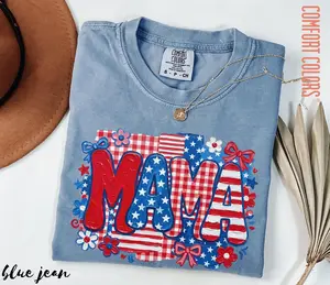 Comfort Colors Mama Patriotic Shirt, 4th of July Tee for Mom, USA Flag Bow Graphic Shirt, Independence Day Outfit, Cute Summer Gift for Mom, American Mama Tee