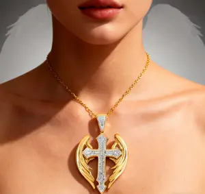 Delicate Guardian Angel Cross Pendant Necklace in Sterling Silver, Gift of Faith for Her”