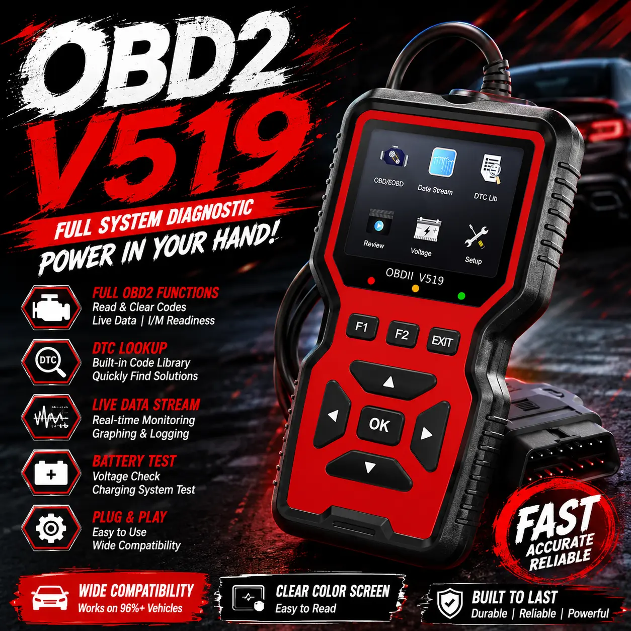 V519 Custom Universal Car OBD II Diagnostic Scanner Car Diagnostic Scanner  Fault Detector