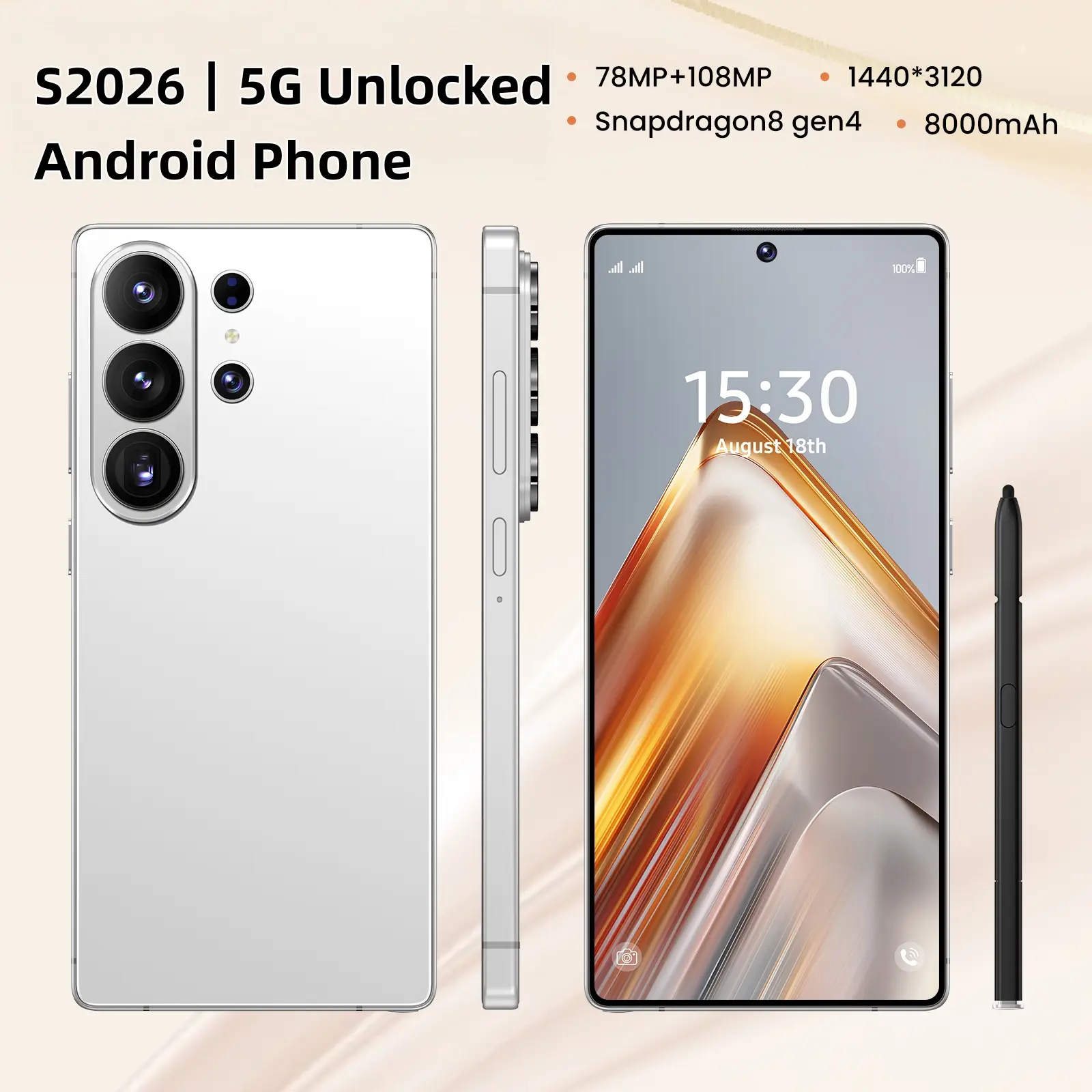 2026 S2026 Unlocked 5G Smartphone, 6.99in HD Visual Screen, 12GB RAM+512GB ROM, 78MP Front & 108MP Rear Camera, 8000mAh Battery, Dual-SIM Slot, Built-in Stylus, Face Unlock for Daily Use