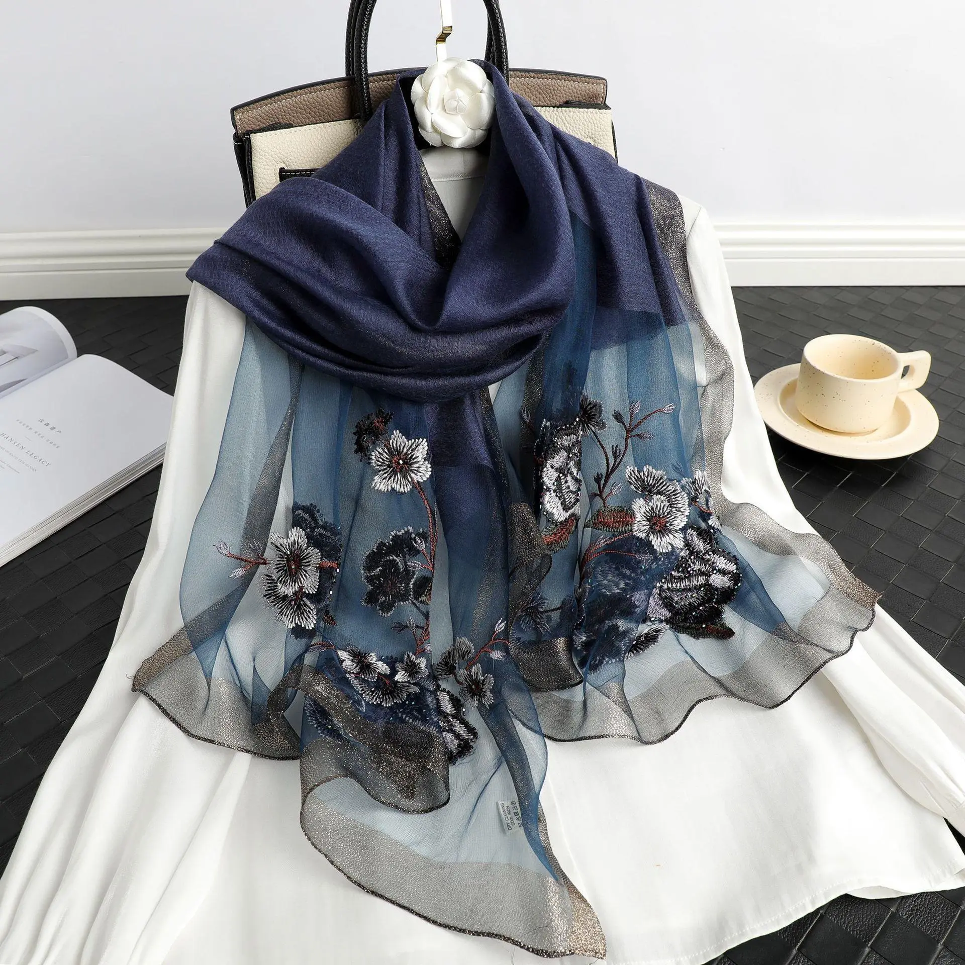Handmade beaded mulberry silk embroidered silk scarf embroidered silk wool peony scarf