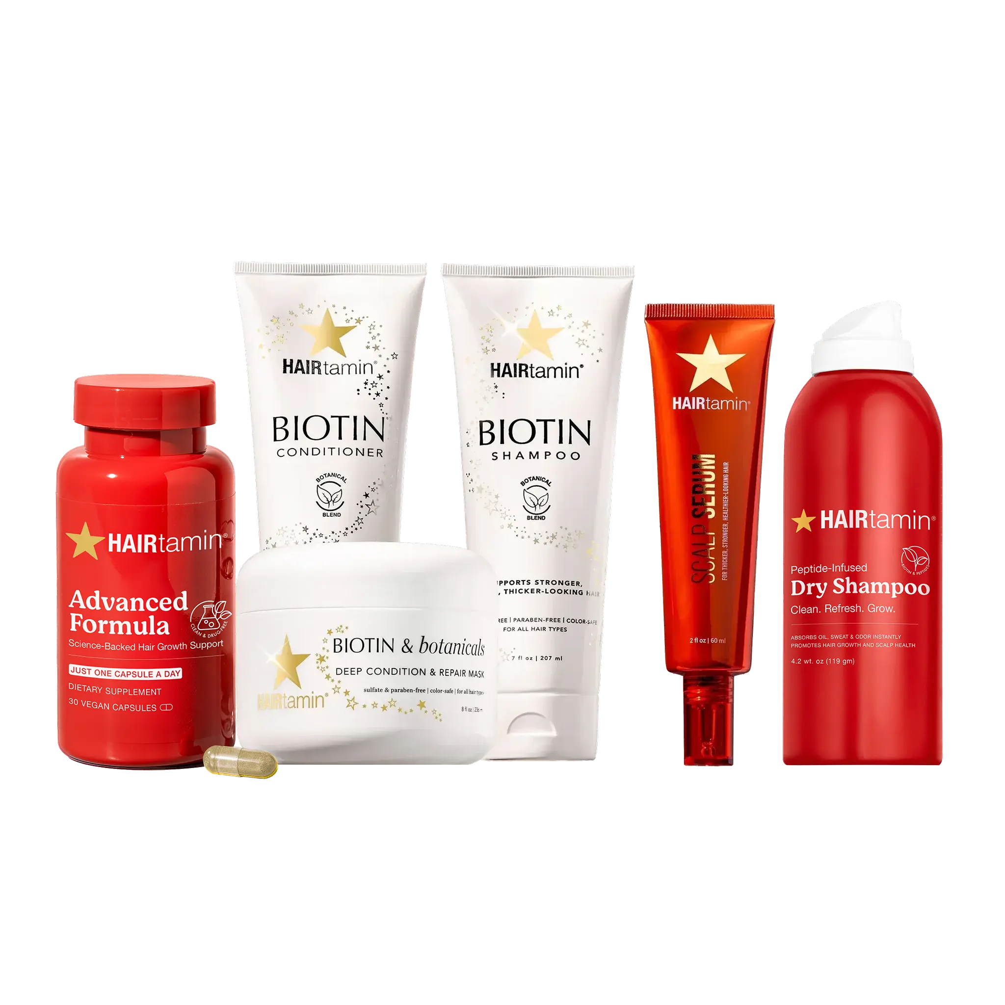 HAIRtamin Complete Hair Growth & Longevity Kit - Biotin Shampoo & Conditioner, Biotin Hair Mask, One Month Supply of Advanced Formula, Peptide Scalp Serum, Dry Shampoo