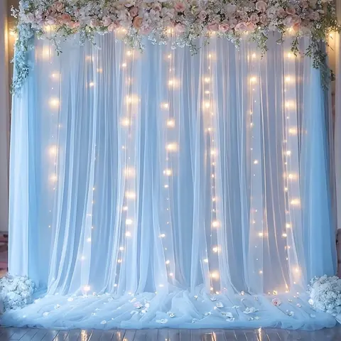 Colorful Sheer Fabric Backdrop Curtains with Built-in Pink Lights (9.84x7.05 ft, 1 Set) - Sky Blue,Pink,White,Champagne,Green,Purple Wedding Drapes, Hang & Light Setup, Decorations for Room,Baby Shower, Add a Touch of Elegance