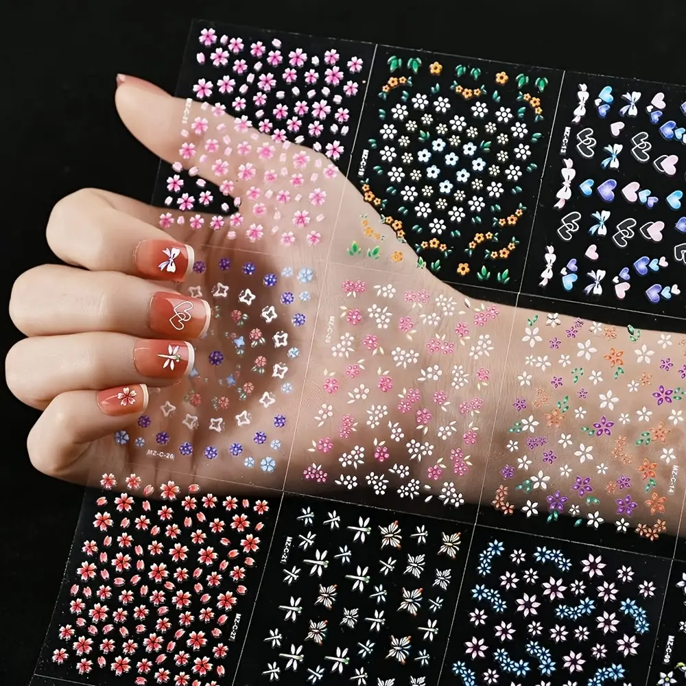 10 Sheets Colorful Flower Nail Art Stickers | 3D Self-Adhesive Cute Daisy Floral Nail Decals, Heart Nail Supplies, Glossy Plastic Nail Art Design Decoration Accessories for Women, Nail Art Products