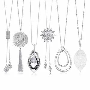 6PCS Long Pendant Necklaces for Women Long Sweater Necklaces Silver Flower Tassel Disk Circle Leaf Statement Sweater Chain Necklace for Women Y Necklace Set Fashion Jewelry
