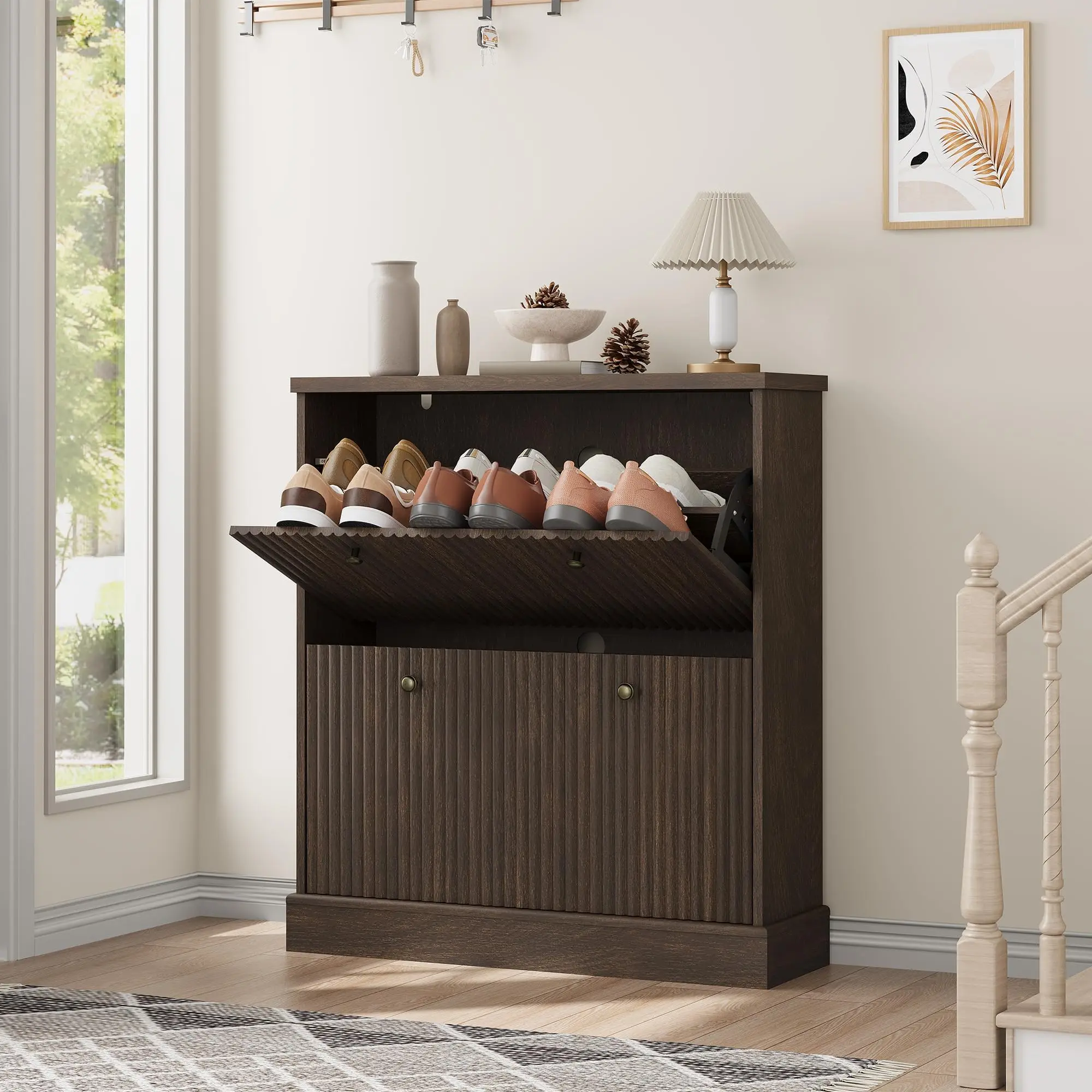 Garvee Slim Shoe Cabinet with 2 Ribbed Flaps, Shoe Tilt Cabinet with Adjustable Shelves and Metal Handles, Hallway Cabinet with 2 Drawers, for Living Room and Hallway, 80 x 25 x 90 cm