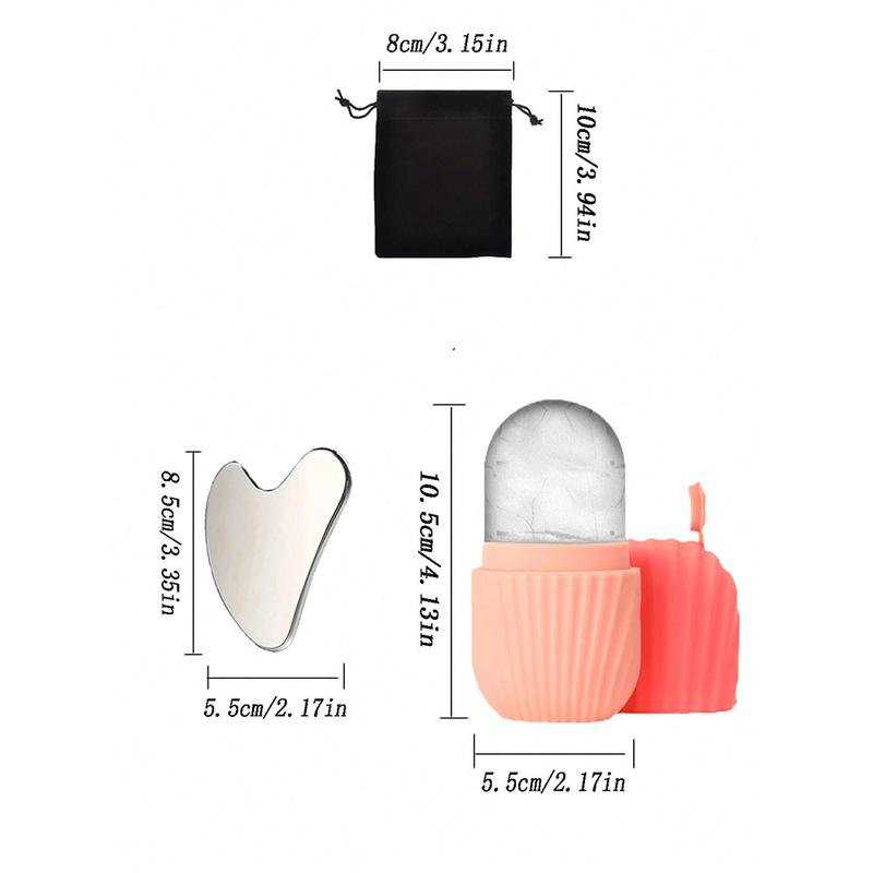 1-piece massage roller set includes 1 ice roller, 1 storage bag, 1 gua sha pad (for glowing skin), silicone ice roller mold (for relieving face and eye puffiness), and reusable skin care tools