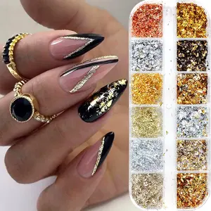 Holographic Nail Glitter Gold Foils 12 Grids Sparkly Ultra-Thin Aluminum Foil Nail Art Flakes Sequins Powder Acrylic Supplies DIY Manicure Decorations for Women