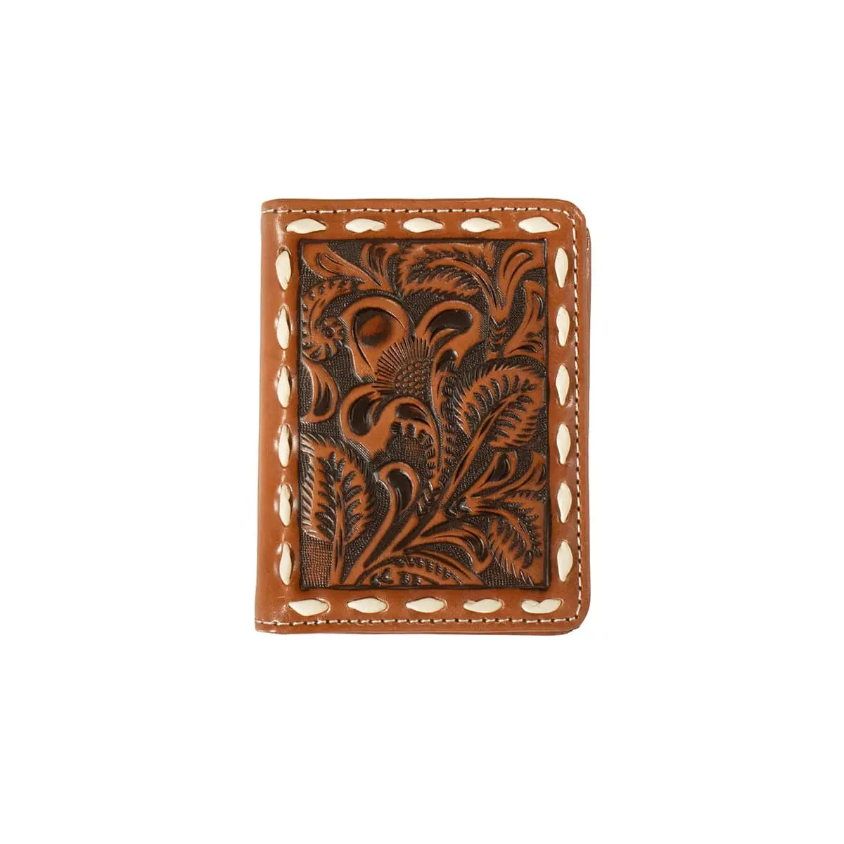 Men's Classic Bi-Fold Leather Wallet - Compartmental, Cowboy, Embossing, Fold-Over Styles, Floral Embossed Design, Buck Lace Stitching Detail, Compartmental Men's Wallets, Cowboy Men's Wallets