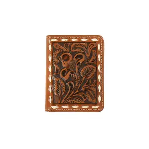 Men's Classic Bi-Fold Leather Wallet - Floral Embossed, Buck Lace Stitching Detail