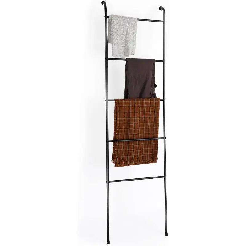 Towel Blanket Ladder Black Metal Blanket Ladder Holder Industrial 5 Tier Wall Leaning Ladder Rack for Bathroom Living Room Laundry Room