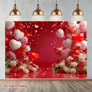 1PC 2D Flat Polyester Valentine's Day Backdrop - Romantic Love Heart Balloons, Rose Flowers Decor, Reusable Photo Shooting Background, Party Decorations Banners, Red Festive Event & Birthday Supply