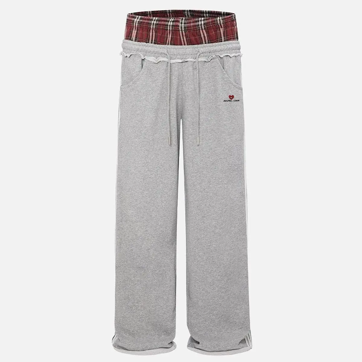 Aelfric Eden Plaid Patchwork Double Waist Loose Fit Bottoms - Baggy Wide-Leg Sweatpants with Pockets, Drawstring Elastic Waist, Stripe Accents, Unisex Casual Streetwear Vintage Joggers (Cute Clothes Inclusive)