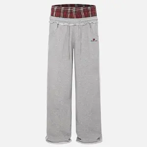 Aelfric Eden Women's Double Waist Plaid Patchwork Cotton SweatPants Baggy Wide Leg Long Pants with Pockets Fitted Casual Bottoms Plain