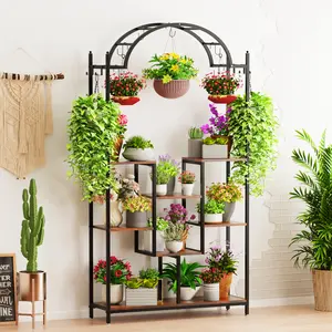 Tall Indoor Plant Stand: Arched Metal Flower Display Holder Outdoor Garden Flower Rack with Hanging Hooks for Multiple Plants