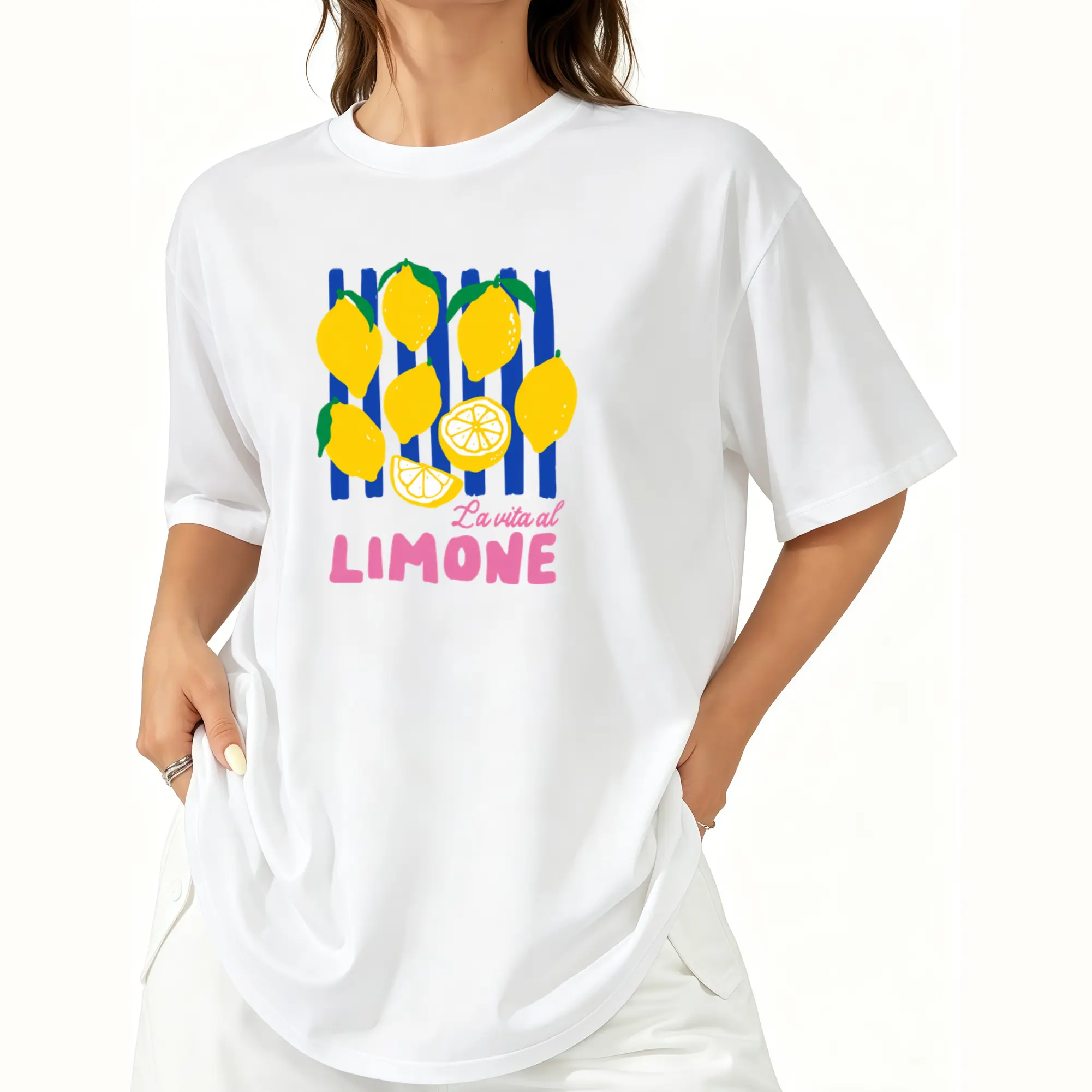 Women'S Casual, Lemon Print, T-Shirt | White Base with Purple Stripes And Yellow Lemons, Vibrant Summer Design, Perfect for Daily Wear And Beach Outfits