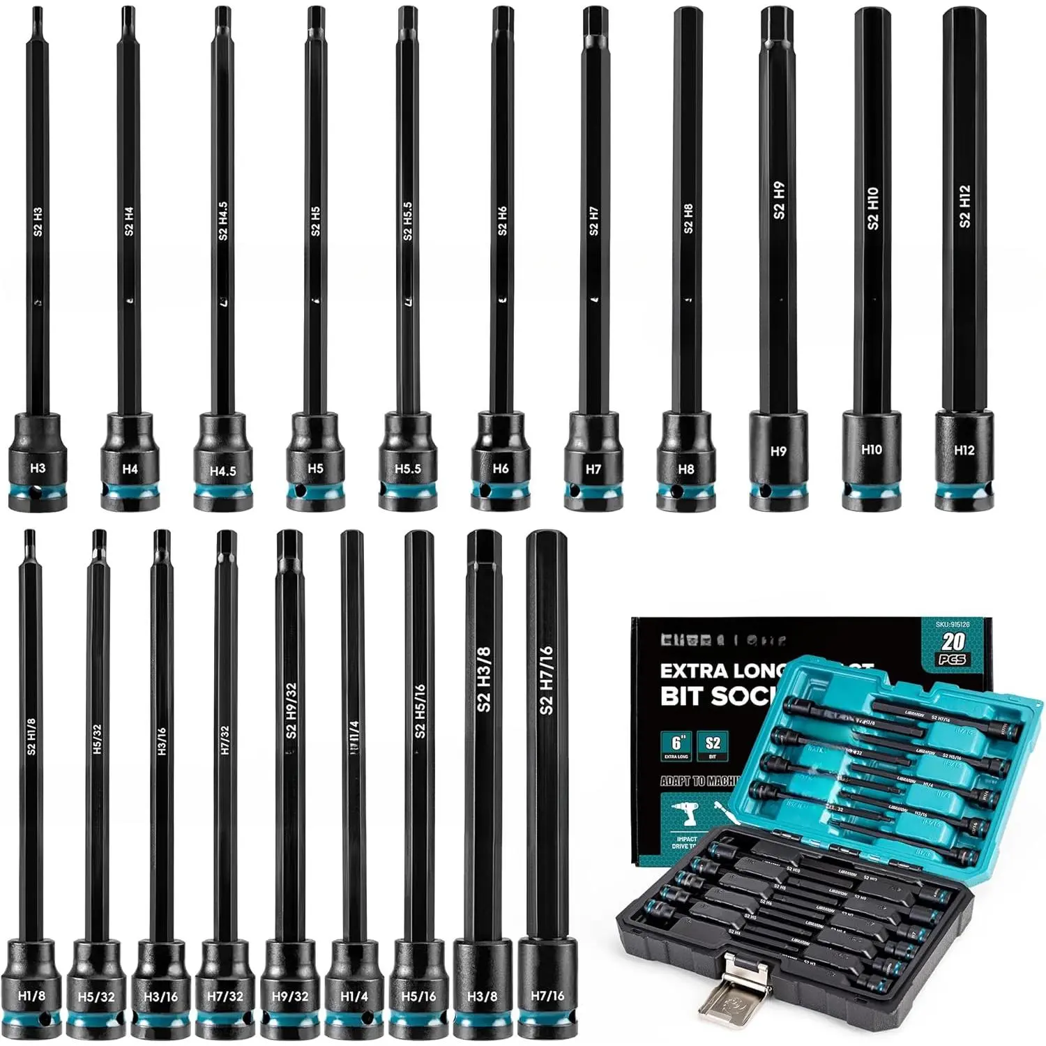 3/8" Drive Long Impact Hex Bit Socket Set, Allen Bit Sockets, S2 Steel Hex Head Sockets, 20PCS Allen Wrench Socket, SAE&Metric Allen Bit Socket Set, 6" Long Allen Key Socket, Blow Molded Box