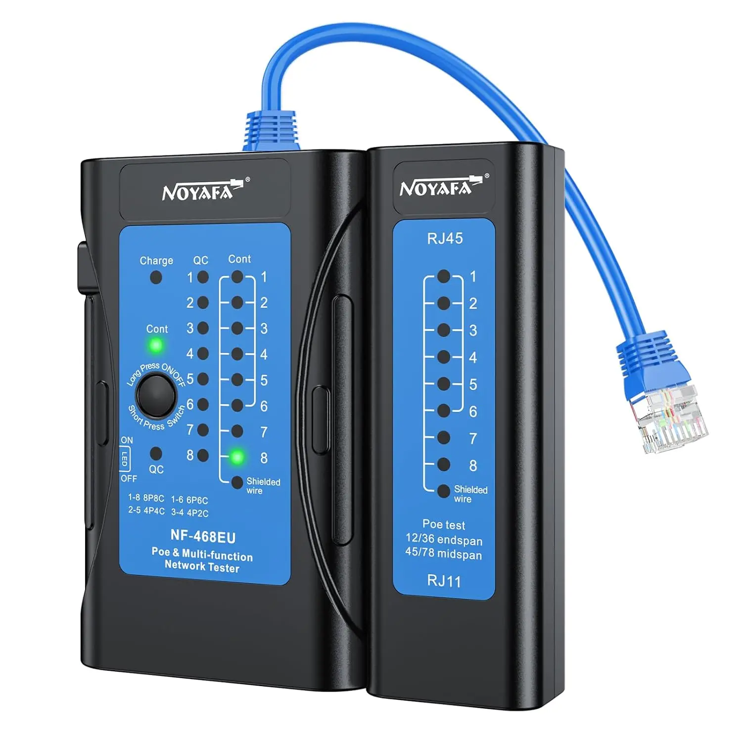 NOYAFA NF-468EU Network Cable Tester for CAT5/CAT6/CAT7 Rechargeable, RJ45/RJ11/RJ12 Continuity Checker, POE Test, UTP/STP Shielded Wire Locator, LAN Ethernet Tester