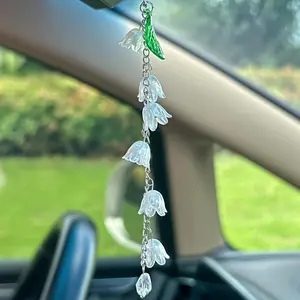 Carsona Flower Car Hanging Ornament, Car Hanging Decoration, Lily-Of-The-Valley Rearview Mirror Decor, Rainbow Bellflower Acrylic Leaf Pendant, Cute Gift for Women