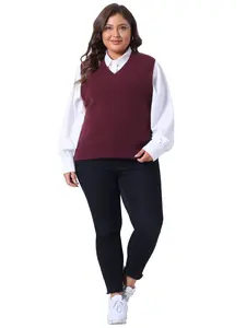 Agnes Orinda Plus Size Sweater Vest Women's V Neck Knit Vest Solid Color Classic Sleeveless Pullover Sweater Top