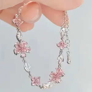 Women's Pink Cherry Blossom Chain Bracelet, Fashionable, Cute, Exquisite Square Petal Cherry Blossom Bracelet, Adjustable - Ideal Holiday Gift permanent mariner curb rope link Elegant Bear Necklace Vaporless Anxiety Relief Sterling Silver Cross tiara men