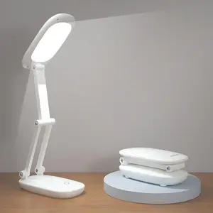 LED Desk Lamp for Office Home Battery Operated Rechargeable Foldable Portable Light [2-Fold Bracket] 3 Brightness Dimmable Small Wireless Reading Desk Lamp (White)