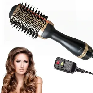 1 black-gold hot air brush with circuit breaker, 3-in-1 hair dryer brush for drying, straightening, and curling in one step. Professional volumizing hot air brush, styling brush suitable for all hair types for drying, straightening, and curling. Safe and