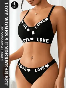 1set Women's Black Chic Fit Womenswear Lingerie Set Letter LOVE Print Wireless Bralette & Panty 2 Piece Underwear