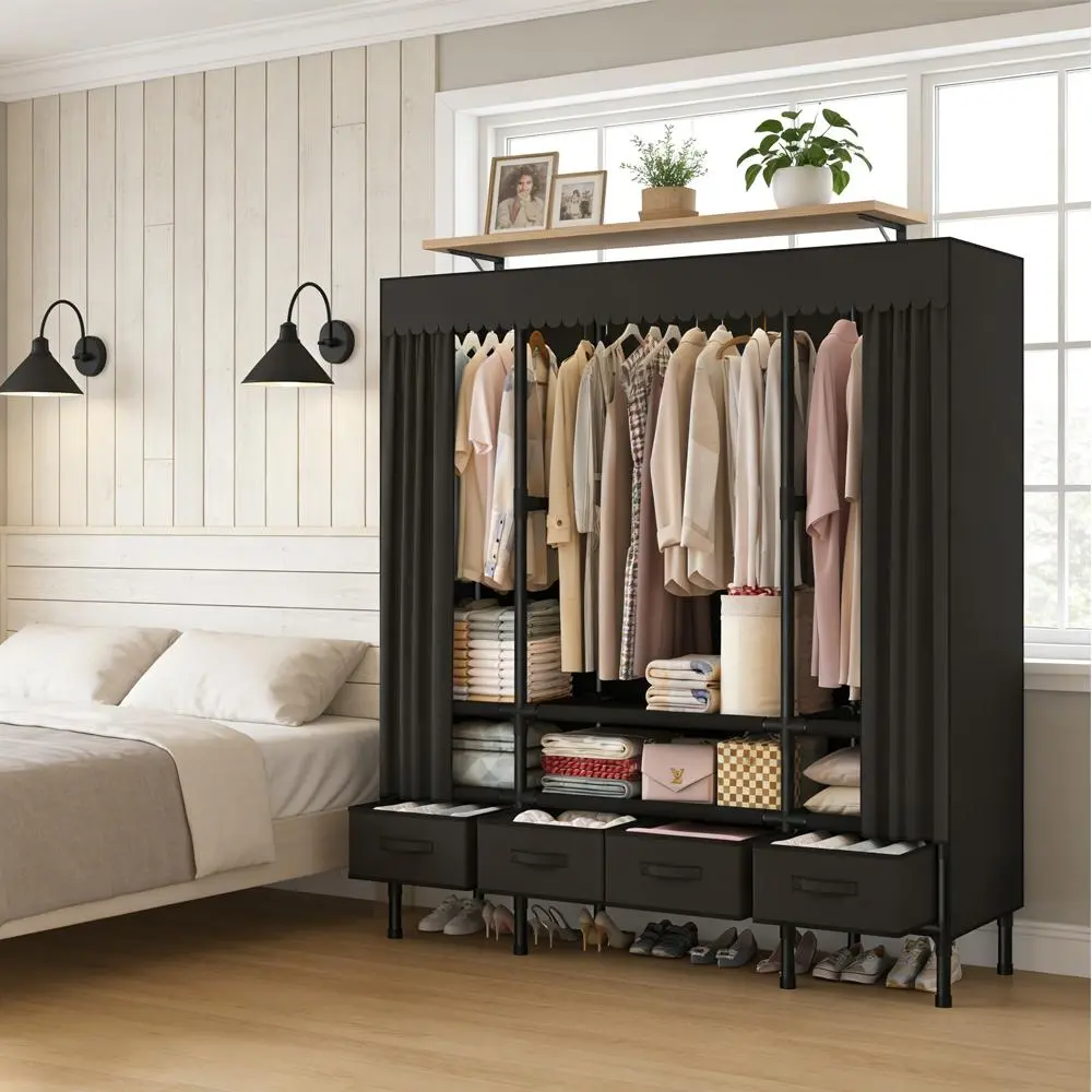Fabric Wardrobe with 4 Storage Drawers Heavy Duty Metal Frame Portable Closet Organizer Dustproof Curtain Hanging Clothes Rack Multi Shelves Storage Cabinet for Bedroom Dorm Rental Room