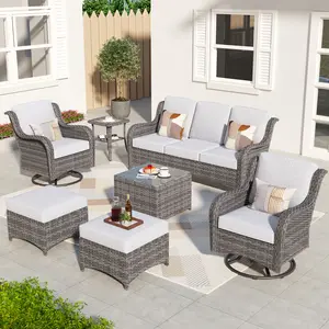 7-Piece Outdoor Wicker Patio Furniture Set with 3 Seat Sofa, 2 Swivel Chairs, 2 Ottomans & Coffee Table for Backyard, Balcony & Deck with Soft Cushions