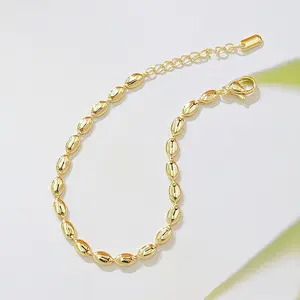 14K Gold Plated Oval Bead Chain Bracelet for Women, Dainty Rice Bean Link Bracelet Jewelry Gift for Birthday Christmas Anniversary